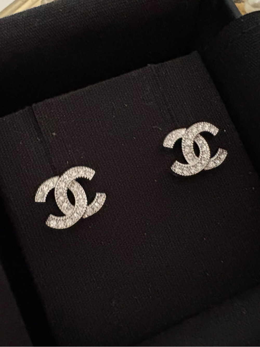 Chanel Classic Silver Crystal CC Stud Earrings